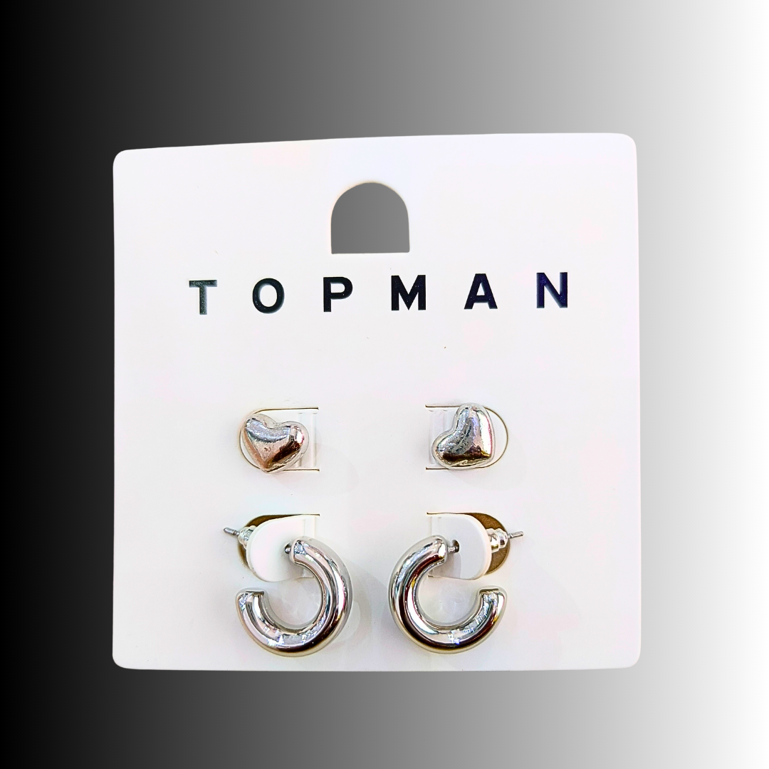 topman silver tone heart stud & chunky hoop earring set