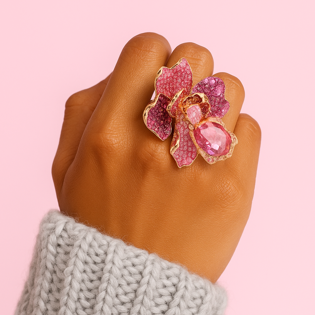 pink crystal floral statement ring