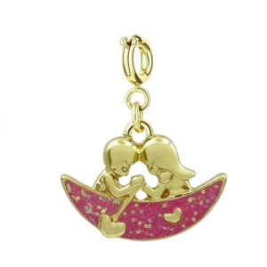 gold couple in boat charm pendant with pink glitter enamel