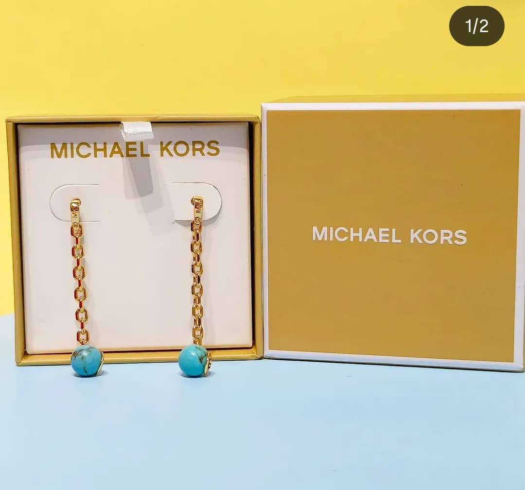 gold tone chain drop earrings with turquoise beads