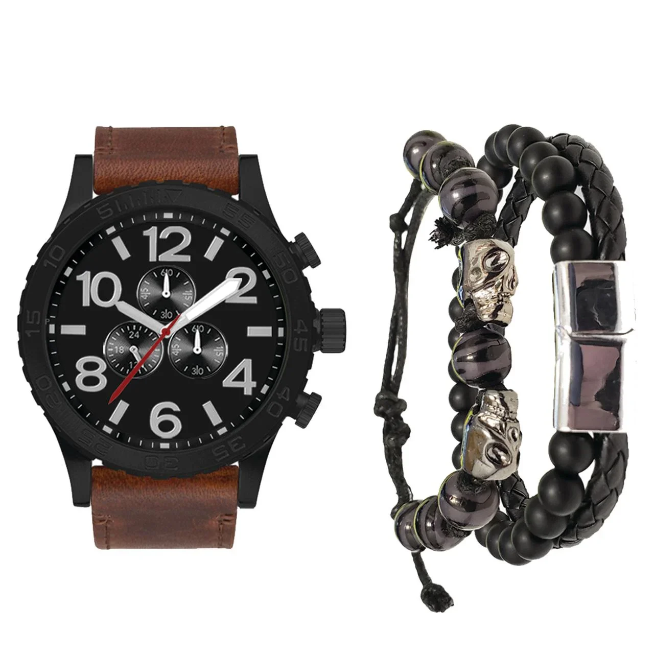 men’s black chronograph watch & skull beaded bracelet set