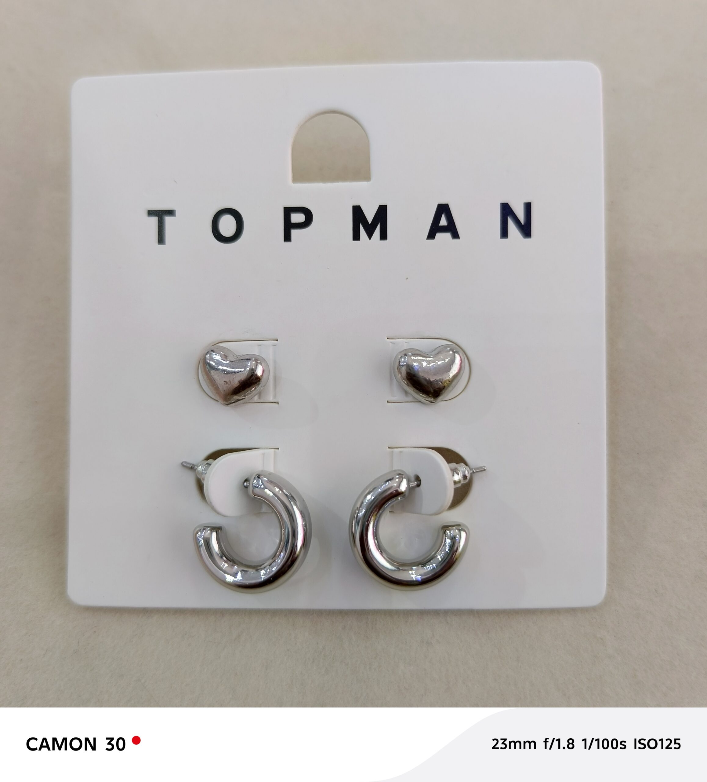 topman silver tone heart stud & chunky hoop earring set