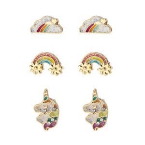 rainbow & unicorn enamel stud earrings – 3 pair set
