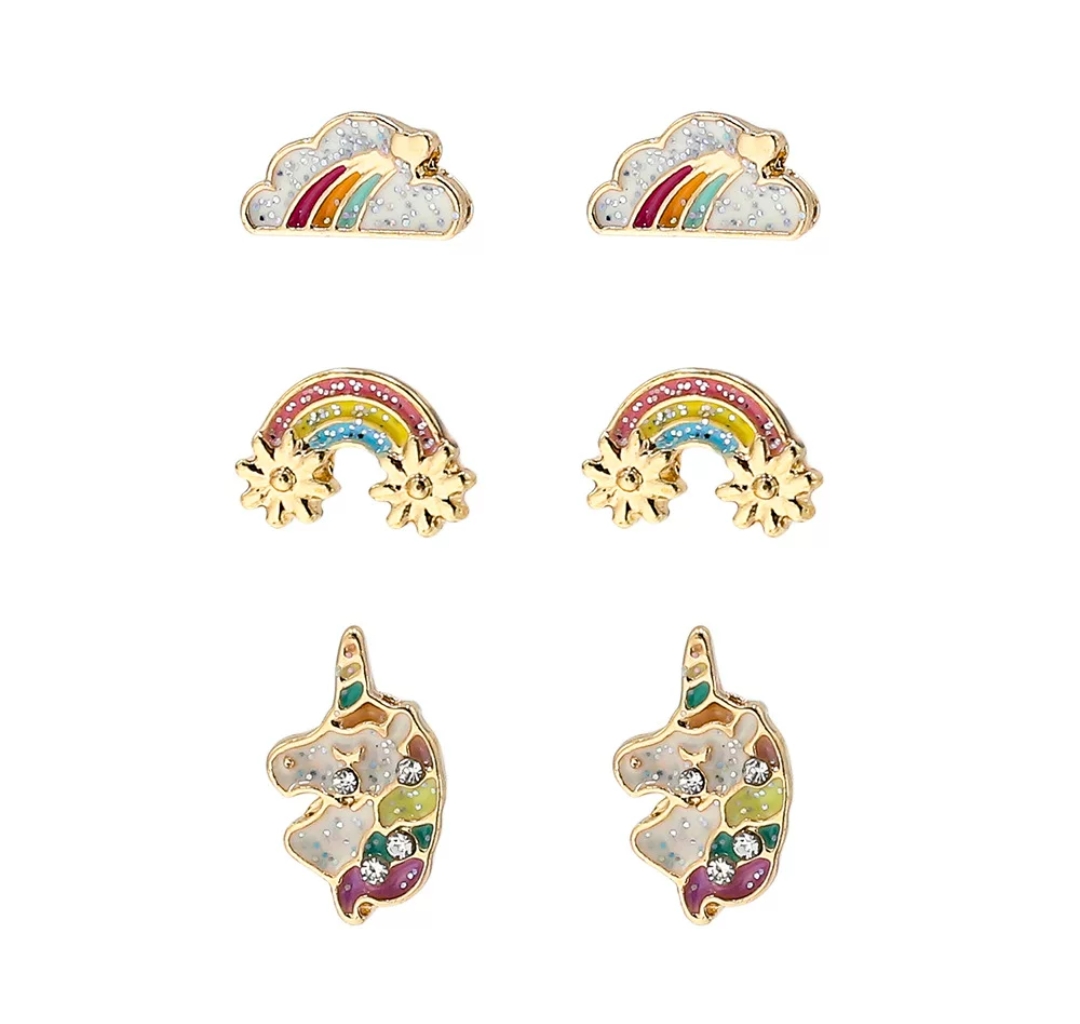 rainbow & unicorn enamel stud earrings – 3 pair set
