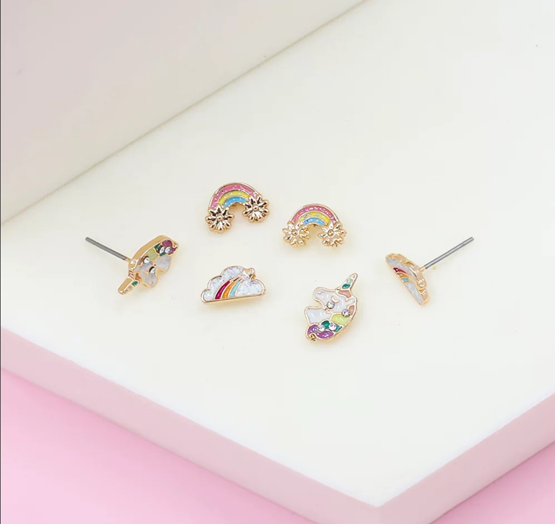 rainbow & unicorn enamel stud earrings – 3 pair set