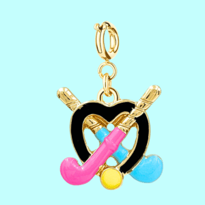 multicolor hockey stick & heart charm pendant – gold tone