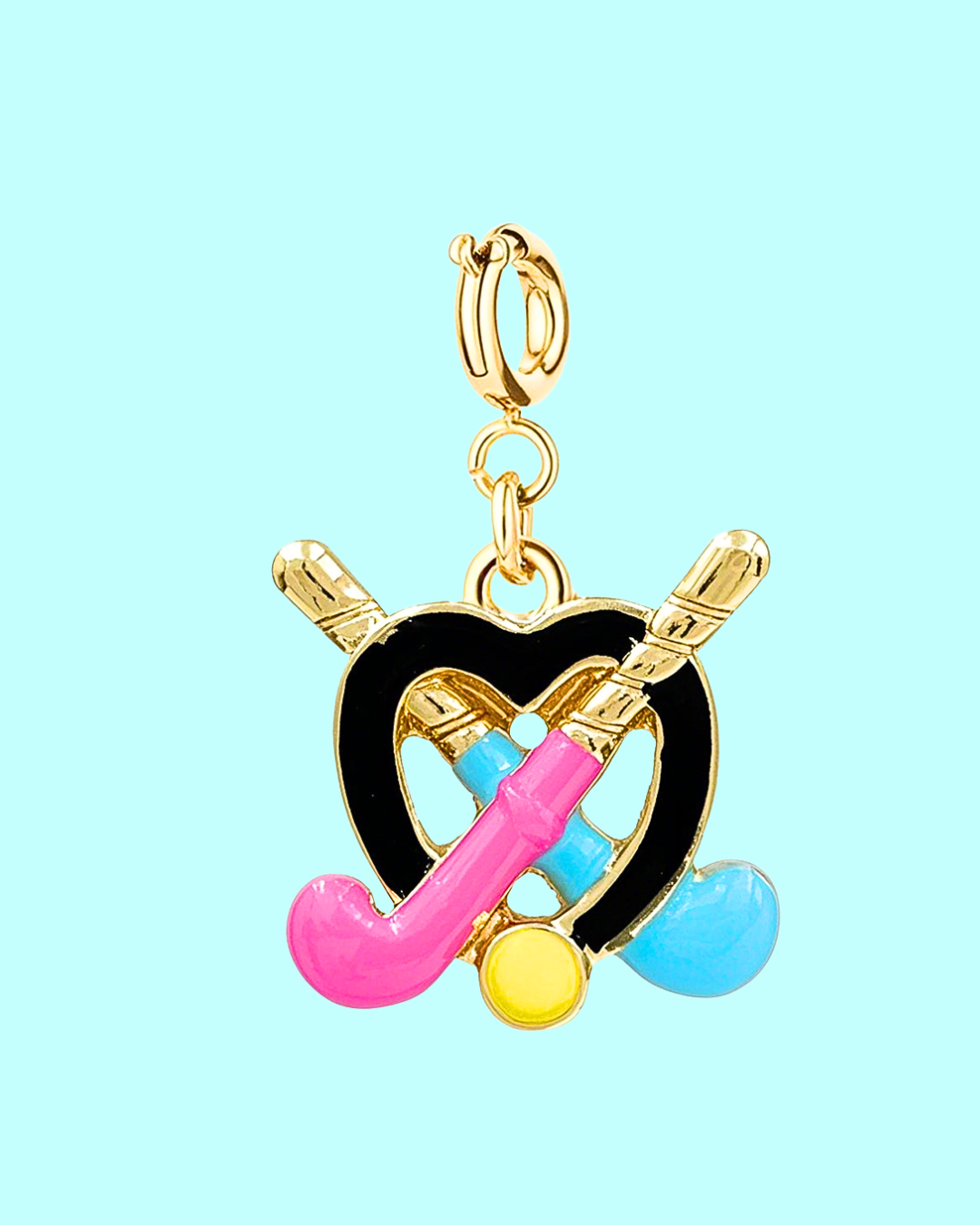 multicolor hockey stick & heart charm pendant – gold tone