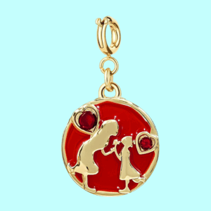 gold mother & child heart balloon charm pendant – red enamel