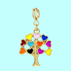 gold tree of hearts charm pendant – multicolor enamel