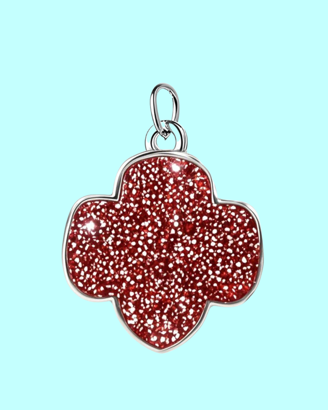 red glitter clover charm pendant – silver tone