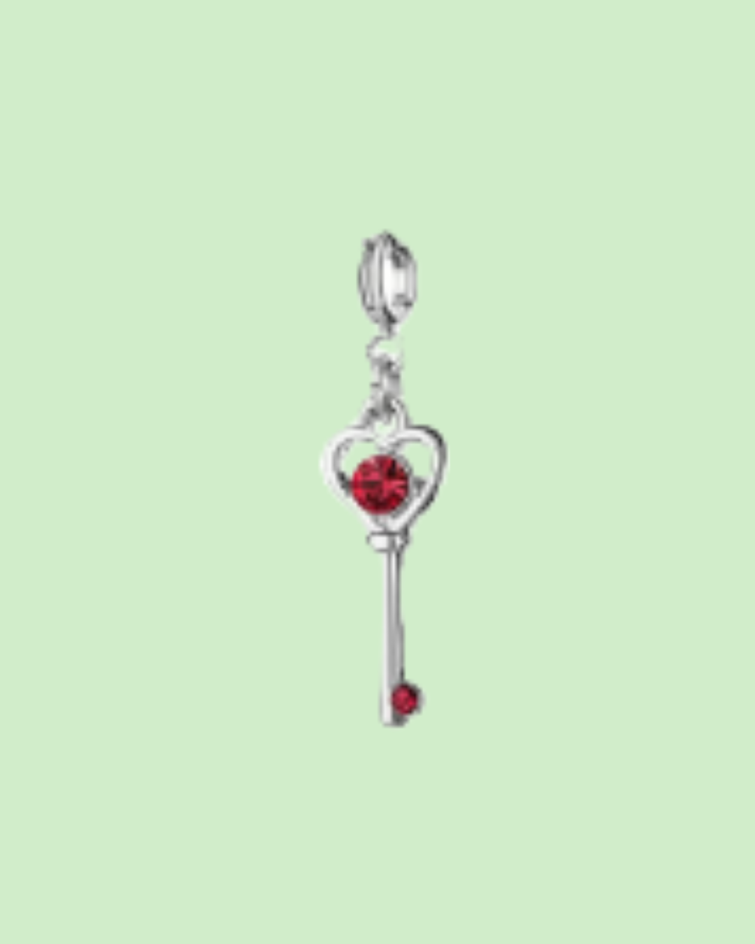 heart key charm pendant with red crystal – silver tone