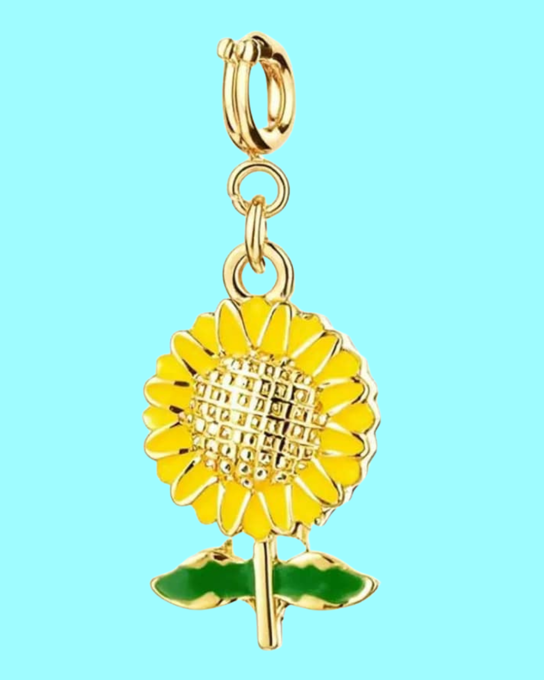golden sunflower charm pendant – yellow & green enamel
