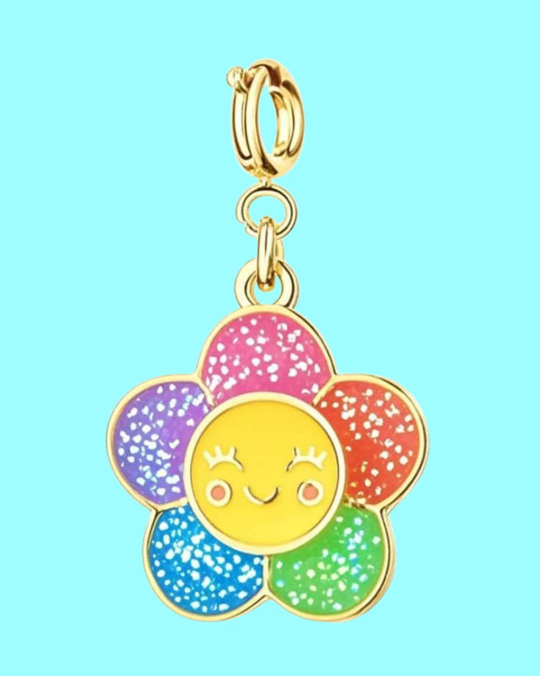rainbow smiling flower charm pendant – glitter enamel