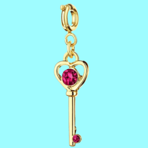 gold heart key charm pendant with pink crystals