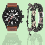 men’s black chronograph watch & skull beaded bracelet set