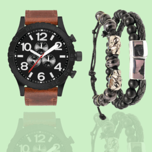 men’s black chronograph watch & skull beaded bracelet set