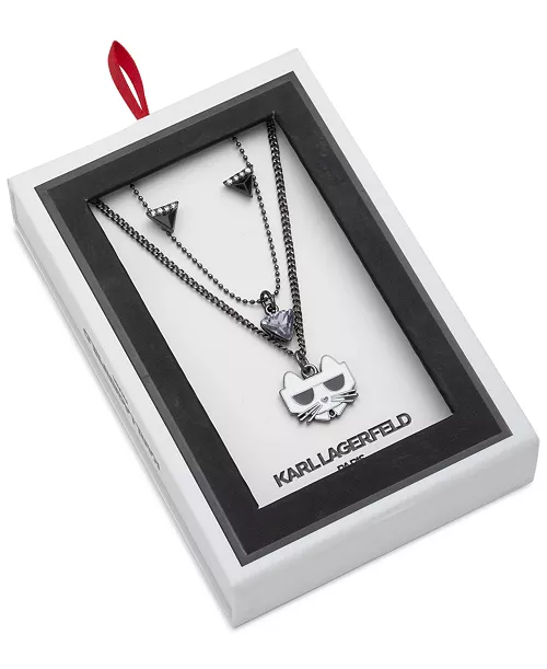 hematite tone choupette layered pendant necklace & triangle stud earrings set