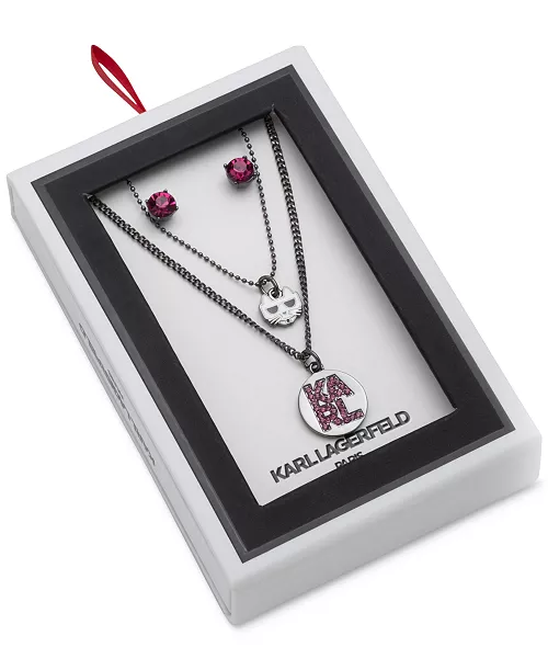 hematite tone choupette layered pendant necklace & triangle stud earrings set