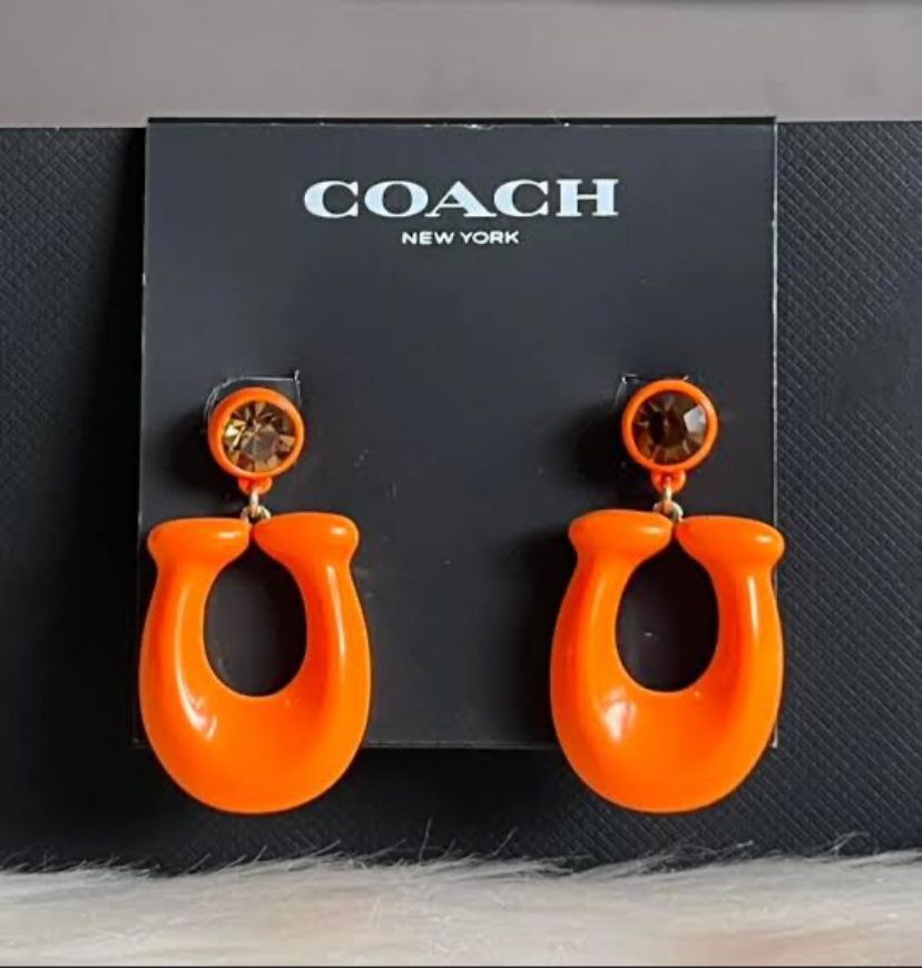 coach large signature enamel earring in orange with crystal stud