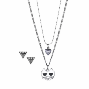 hematite tone choupette layered pendant necklace & triangle stud earrings set