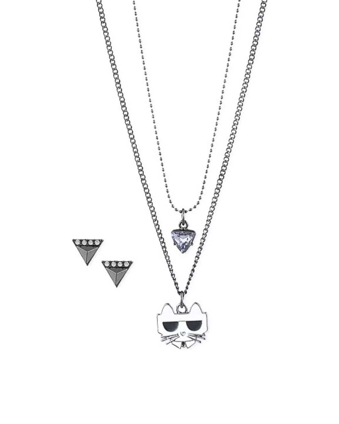 hematite tone choupette layered pendant necklace & triangle stud earrings set