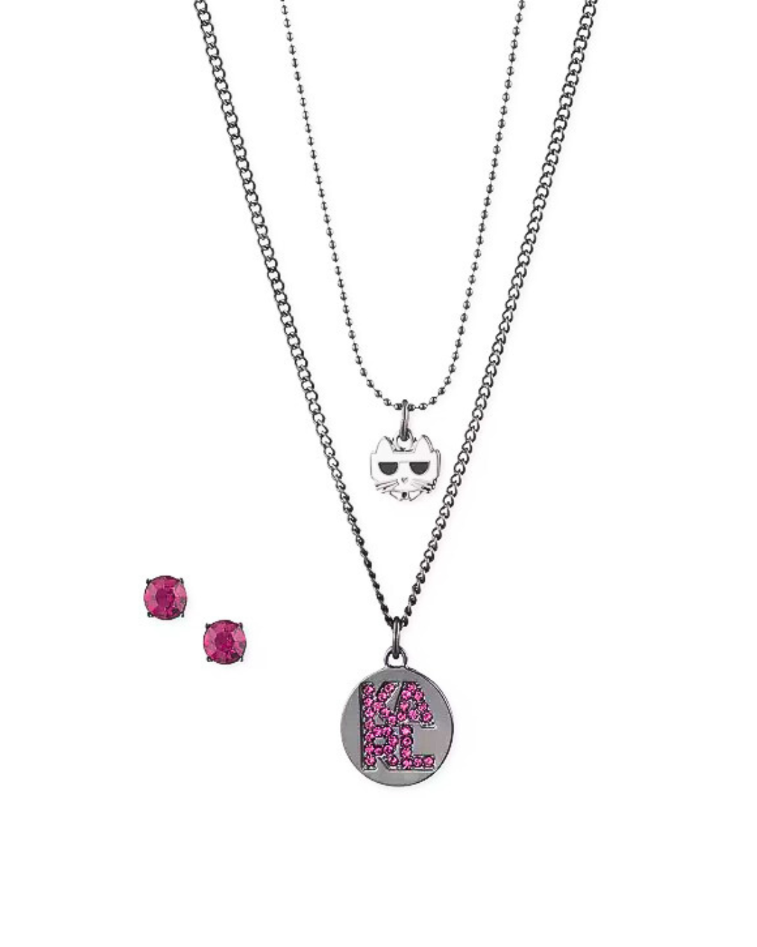 hematite tone choupette layered pendant necklace & triangle stud earrings set