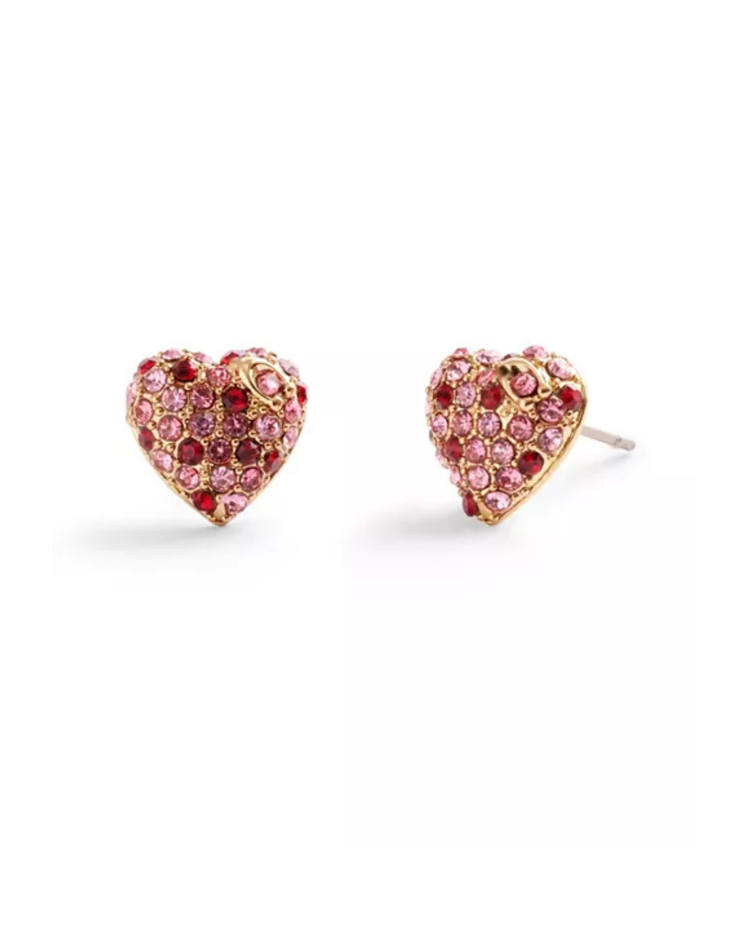 heart stud earrings with pink and red crystal accents.