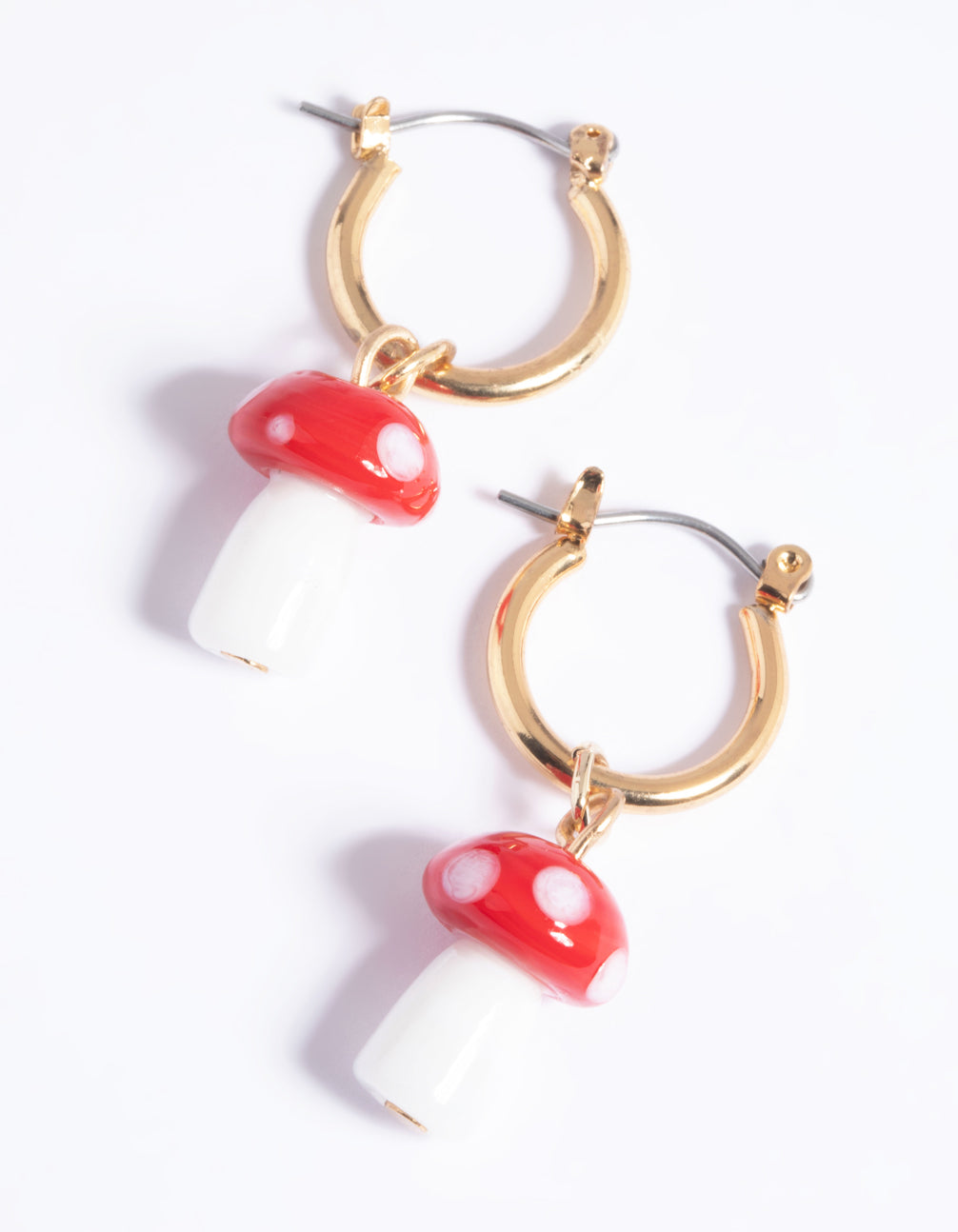 gold tone red mushroom drop earrings