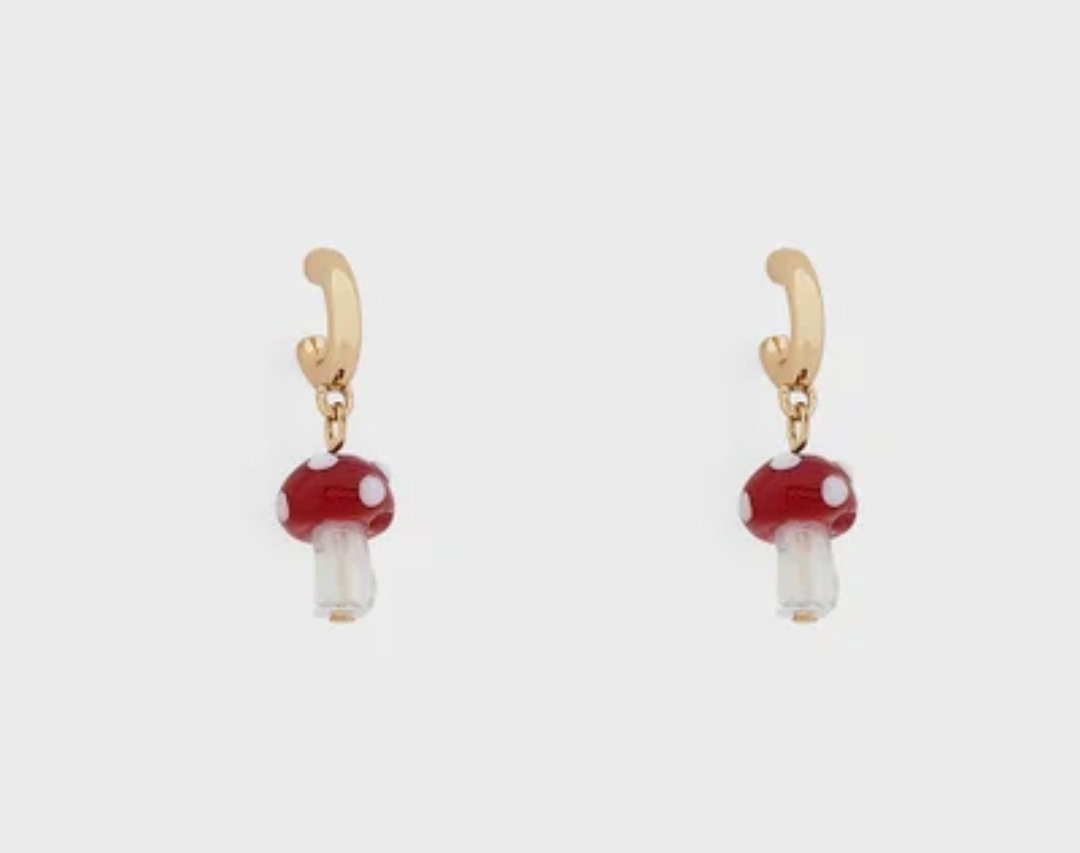 gold tone red mushroom drop earrings