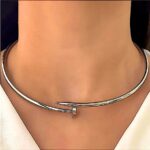 silver tone nail collar necklace
