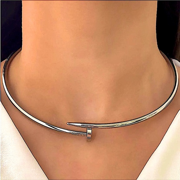 silver tone nail collar necklace