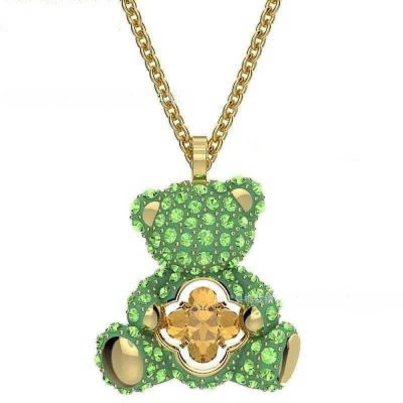 green crystal teddy pendant – gold tone