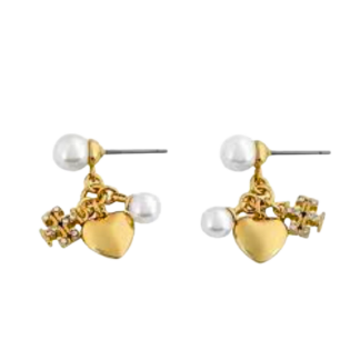 gold tone pearl & heart charm drop earrings