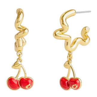 cherry charm wavy huggie earrings in gold tone