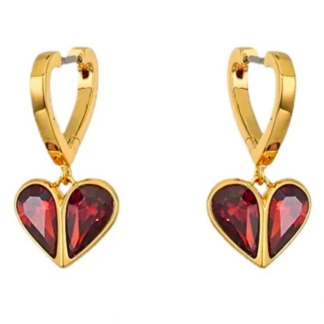 gold tone red crystal heart drop huggie earrings