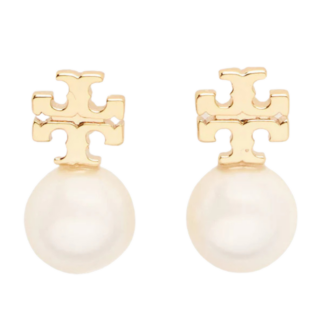 gold tone logo pearl drop stud earrings