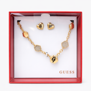 guess gold hexagon charm bracelet & stud earrings set