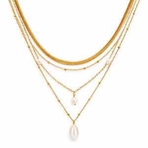 pearl drop layered gold necklace