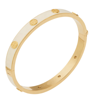 ivory enamel logo medallion hinged bangle – gold tone